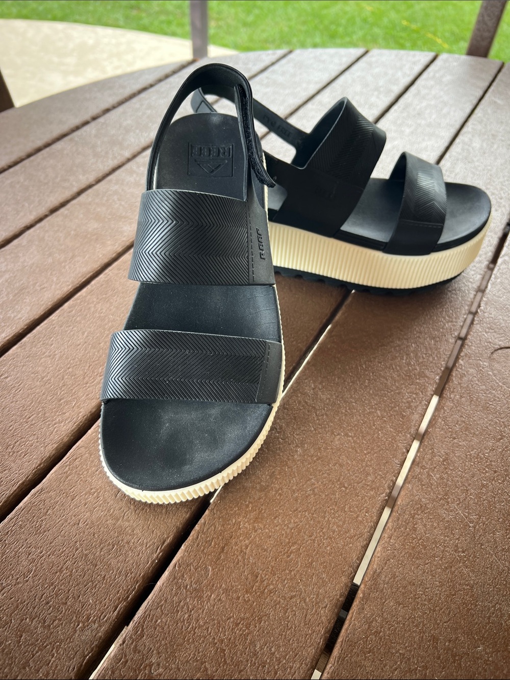 Reef Black Platform Slide Sandals with Cream Sole, waterproof